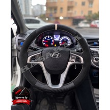 Hyundai Accent Blue Dikme Direksiyon Kılıfı Alcantara Süet Mat Karbon Bej Yüzük Ve Dikiş 2011-2019