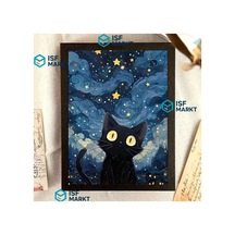 5d Dıy Elmas Boyama Seti - Gece Gök Altında Siyah Kedi 20x30 Cm Yuvarlak Elmaslı, Çerçevesiz