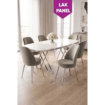 Peras Serisi 90x160 Lak Panel Beyaz Mermer Desen Krom Ayaklı Masa Takımı 6 Sandalye Beyaz Mermer Masa Cappucino Sandalye
