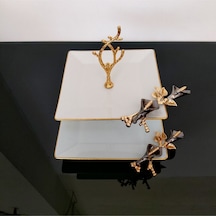 Atabey Home Kare Kurabiyelik/sunumluk Siyah Lale Ayaklı 2 Katlı Kütahya Porselen