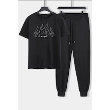 Uyguntarz Unisex White Angel Baskılı 2'li Eşofman Takımı Siyah