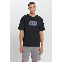 AC&Co / Altınyıldız Classics Erkek Sıyah Loose Fit Bol Kesim %100 Pamuk Baskılı Bisiklet Yaka Tişört Siyah