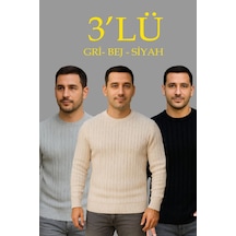 Erkek Fitilli Triko Kazak 3lü Set Bej Gri Siyah Regular Fit Bisiklet Yaka Triko Seti Kazak Modeli Siyah - Bej - Gri