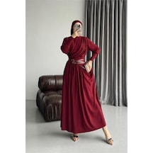 Neşeli Butik Kadın Kırmızı Drapeli Kemer Detaylı Sandy Kumaş Premium Tesettür Elbise Nms090