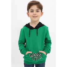 Toontoy Kids Toontoy Erkek Çocuk Relax Fit Kapüşonlu Cepli Renk Bloklu Baskılı Sweatshirt - 2 İplik Çimen Yeşili