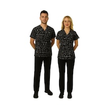 Unisex Formül Desenli Likralı Doktor Hemşire Öğretmen Cerrahi Scrubs Üniforma Takım Siyah