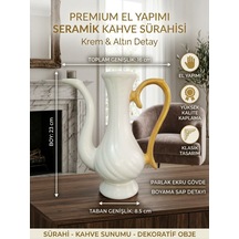 Premium Seramik Krem & Altın Boyama Sürahi - Antik Stil Dekoratif Salon & Antre Objesi Beyaz  - Altın