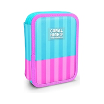 Coral High Kids Turkuaz Pembe Çizgili Desenli Çift Katlı Kalem Çanta 31120 Turkuaz