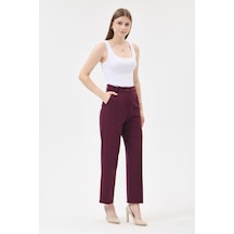 Velnara Moda Mürdüm Dar Paça Cepli Yüksek Bel Dokuma Kumaş Kadın Pantolon Bordo Mürdüm - 918311251 Bordo Mürdüm