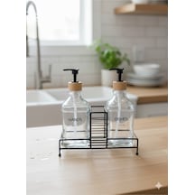 Makri Home Stantlı Bambu Kapaklı İkili Cam Sıvı Sabunluk & Deterjanlık Seti 2 500 Ml, 22,5 8,5 24 Cm Şeffaf