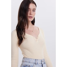 Tudors Kadın Slim Fit Dar Kesim Pamuklu V Yaka Taş Bluz-38832 Taş