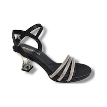 Erbay 84-25 Deri Taşlı Şeffaf Topuk Anatomik Kadın Sandalet Siyah