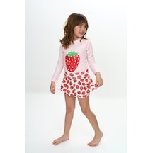 Lolliboomkids Kız Çocuk Çilek Desenli Uzun Kollu Tayt Etekli 2 Parça Mayo / Bikini Takımı Çilek Çok Renkli
