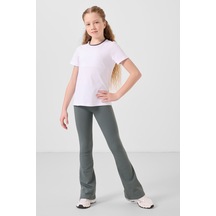 Tommylife Beyaz-haki Pamuklu O Yaka Standart Fit Basic İspanyol Paça Kız Çocuk Tayt Takım - 75192 Beyaz