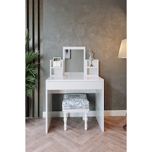 Aynalı Raflı Makyaj Masası - 90x49 cm Beyaz Çekmeceli Tuvalet Masası