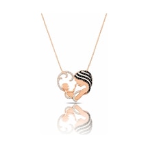Çekirdekjewelry 925 Ayar Gümüş Anne Bebek Kolye Rose Gold Kalp Tasarım Taşlı Model Gri