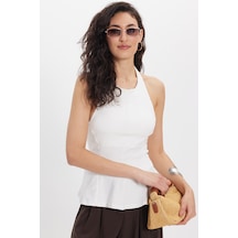 Tudors Kadın Slim Fit Dar Kesim %100 Pamuk Boyundan Bağlamalı Sıfır Kol Ekru Bluz-50553