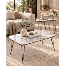 Odera Efes Beyaz Mermer Desenli Orta Sehpa Ve Yuvarlak Zigon Sehpa 4'lü Set Siyah Tel Metal Ayaklı Retro Modern Salon Sehpası Diğer