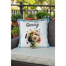 Kırlent Kılıfı Bahar Temalı Hello Spring 45x45 Raşel Örme Kadife Dijital Baskı Beyaz Biyeli Çok Renkli
