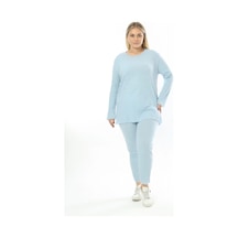 Modasehle Büyük Beden Uzun Kollu Yüksek Bel Beli Lastikli Yırtmaçlı İnce Pijama Takım Uzun-mavi