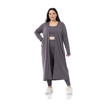 Disentis Büyük Beden Fitilli Crop Body Tayt Hırka Üçlü Koyu Gri Takım-koyu Gri Koyu Gri