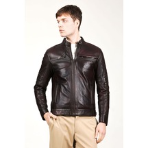 Dericlub Arthur Erkek Dik Yaka Slim Fit Gerçek Deri Mont Kestane