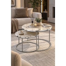 Sulorahome Gümüş Metal Ayaklı Mermer Desenli 2'li Orta Sehpa Seti Beyaz Mermer - Gümüş Metal
