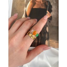 Vintage Renkli Oval Taşlı Çelik Kararmaz Ayarlanabilir Gold Yüzük