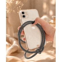 Koyu Gri Taşlı Telefon Boyun Askısı Kristal Taşlı Şık Boyun Askısı
