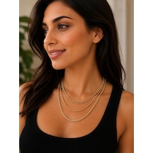 Premium Gold Renk Parlak Ve Şık 3'lü Katmanlı Zincir Kombin 316l Çelik Kadın Kolye 45cm Altin