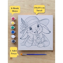 Çocuklara Özel Şapkalı Tavşan Baskılı Tuval Boyama Aktivite Seti 19x19 Cm Tuval, Fırça Ve 6 Renk Akrilik Boya Seti