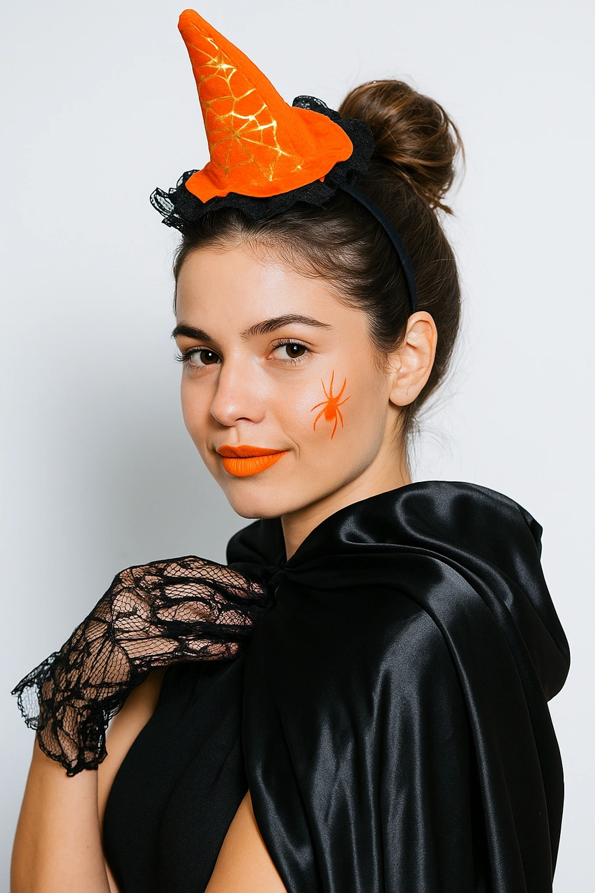 Halloween Cadılar Bayramı Taç Mini Cadı Şapkası Şeklinde Tüllü Turuncu-siyah Varaklı Örümcek Ağı Desenli Diğer