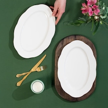 Porsima 4451 Yonca Porselen Platin Fileli Kayık Tabak Seti - Oval Kahvaltılık Sunumluk Seti 30cm Beyaz