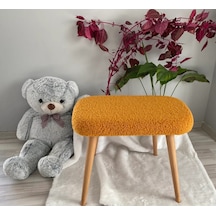 Ahşap Ayaklı Tedy Kumaş Dekoratif Puf Bench Makyaj Sandalyesi Oval Turuncu