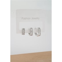 Kadın Vip Seri Baget Zirkon Taşlı Kalp Figürlü 3 Boy 3'lü Küpe Seti-5444 Gümüş