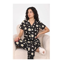 Veraura Lifestyle Siyah Papatya Ve Kelebek Desenli Kısa Kollu Gömlek Yaka Milan Kumaş Kadın Pijama Takımı