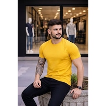 Erkek Body Tişört Bisiklet Yaka Slim Fit Likralı T-shirt - Sarı