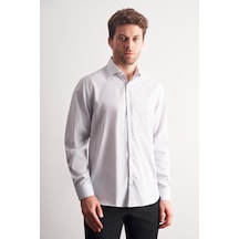 İmza Beyaz - Gri Yarım İtalyan Yaka Çizgili Desen Uzun Kol Premium Slim Fit %100 Pamuk Gömlek 1004255191 Beyaz - Gri