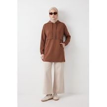 Armine Trend Kapüşonlu Cep Detaylı Uzun Sweat Tunik Vizon 24kt454