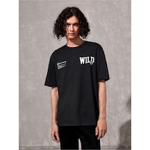 Altamira Unisex Siyah Wild Göğüs Baskılı Oversize Tshirt 001