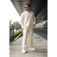 Madmext Ekru Düğmeli Basic Erkek Gömlek Pantolon Takım E7335 Ekru