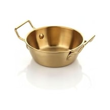 Gold Renk Paslanmaz Çelik Mini Sahan Ve Sunumluk - Kulplu Metal Kahvaltılık, Sosluk Ve Meze Tabağı - Mat Altın Görünümlü Servis Tavası 10 Cm Açık Beyaz