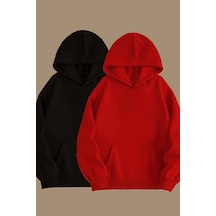 Blackjack Giyim Unisex Gri Siyah 2'li Kapüşonlu Oversize Sweatshirt Hoodie Siyah-kırmızı