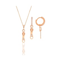 Gümüş Rose Zirkon Taşlı Fermuar Kolye Ve Küpe İkili Set