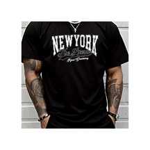 Caddemia Yazlık New York Harfli Baskılı Gündelik Bol Spor Rahat Yuvarlak Yaka Kıs Siyah 2XL