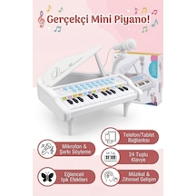 Mikrofonlu 24 Tuşlu Pembe Çocuk Piyanosu - Telefon Bağlantılı Eğitici Işıklı Org Müzik Seti