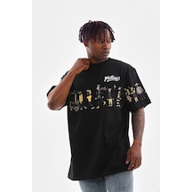 Unisex Bisiklet Yaka Baskılı Oversize T-shirt - Siyah Çok Renkli