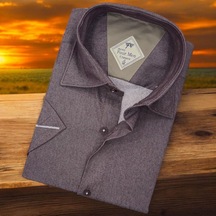 Linen Keten Klasik Kısa Kollu Kahverengi Erkek Gömlek Regular Kalıp -10081 Kahverengi