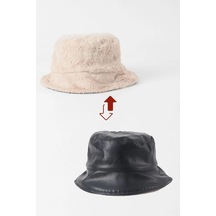 Peluş Ve Deri Çift Taraflı Kullanılabilen Bucket Şapka