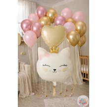 Kedi Kafa Folyo Balon Seti Krem Gold Metalik & Makaron Pembe Balonlar Krem
